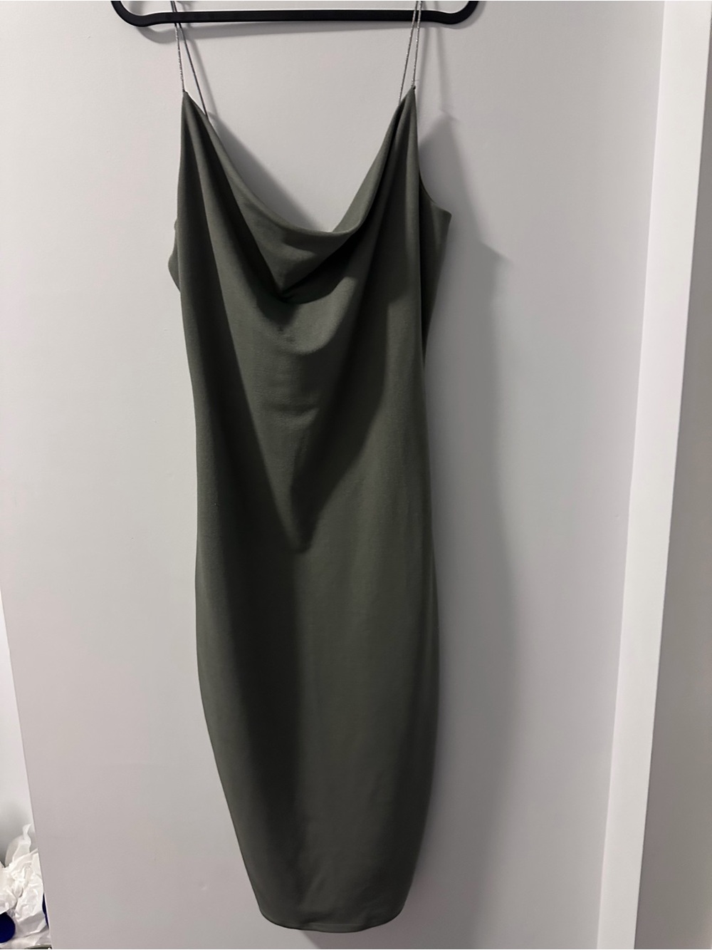 Grey stretch cowl neck dress with shoulder strap-size s